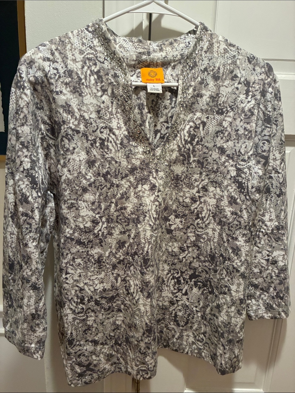 Ruby Rd. Gray Marble-Print Open Cardigan